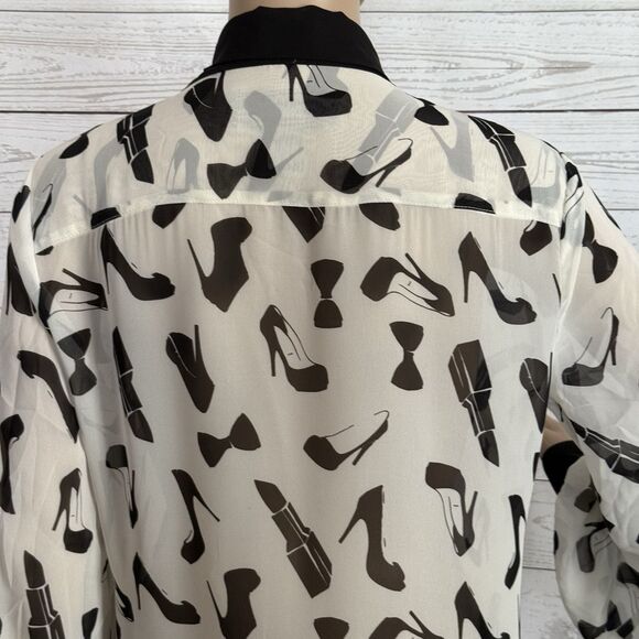 Kardashian Kollection Blouse Medium Sheer White Black Bow Heel Lipstick Print - Picture 11 of 13